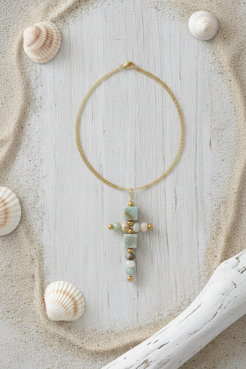 Sterling silver aventurine cross necklace - communion confirmation gift California handmade