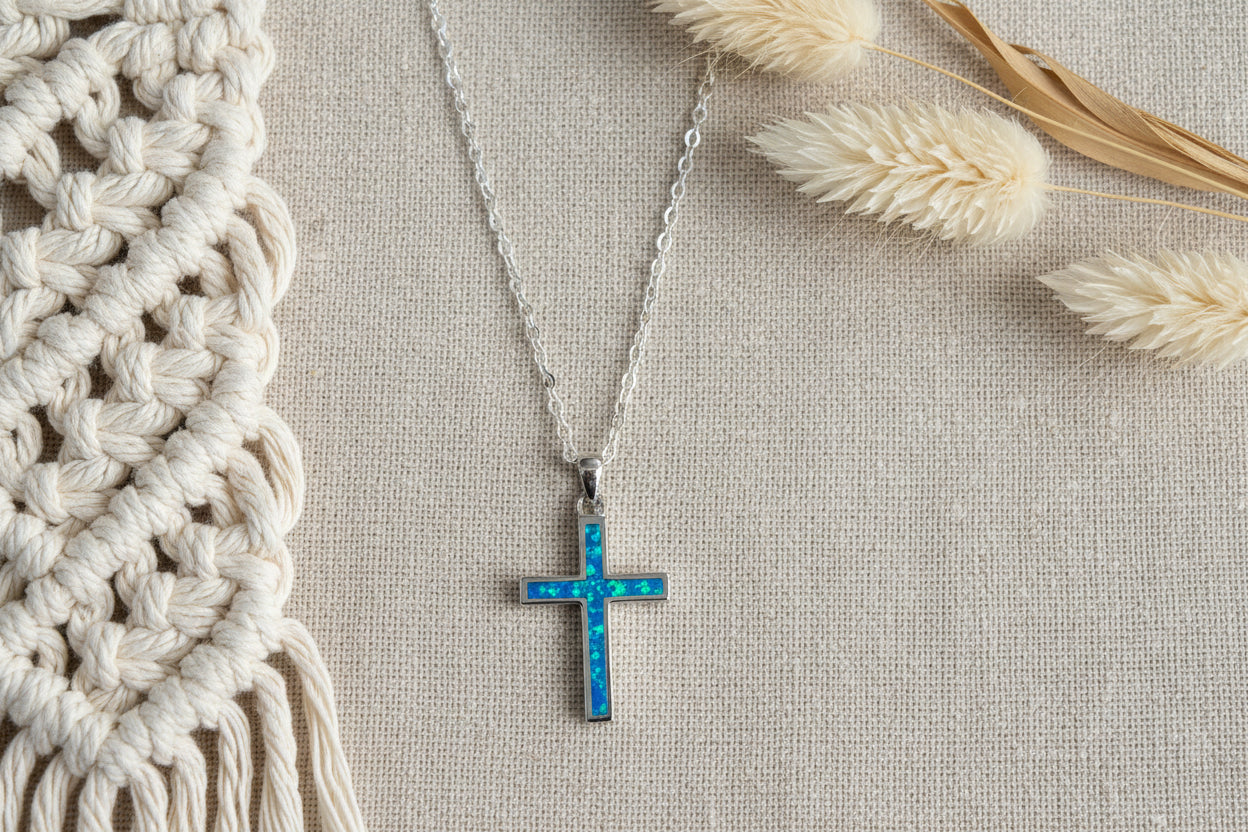 Sterling silver lab opal cross necklace in gift box — ready to ship, perfect graduation gift