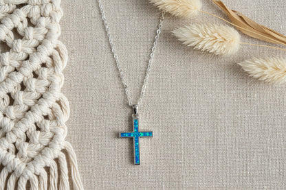 Sterling silver lab opal cross necklace in gift box — ready to ship, perfect graduation gift