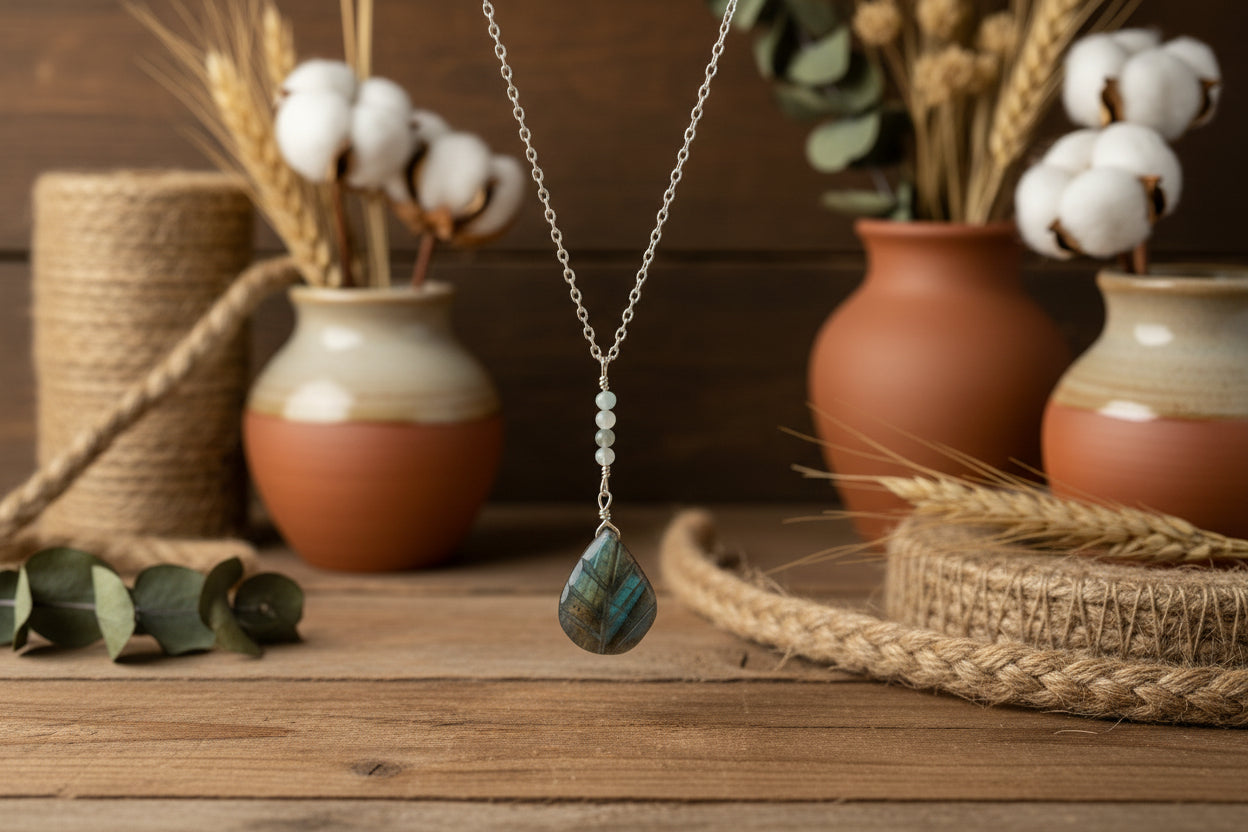Sterling silver labradorite necklace - Y style with natural blue and green flash