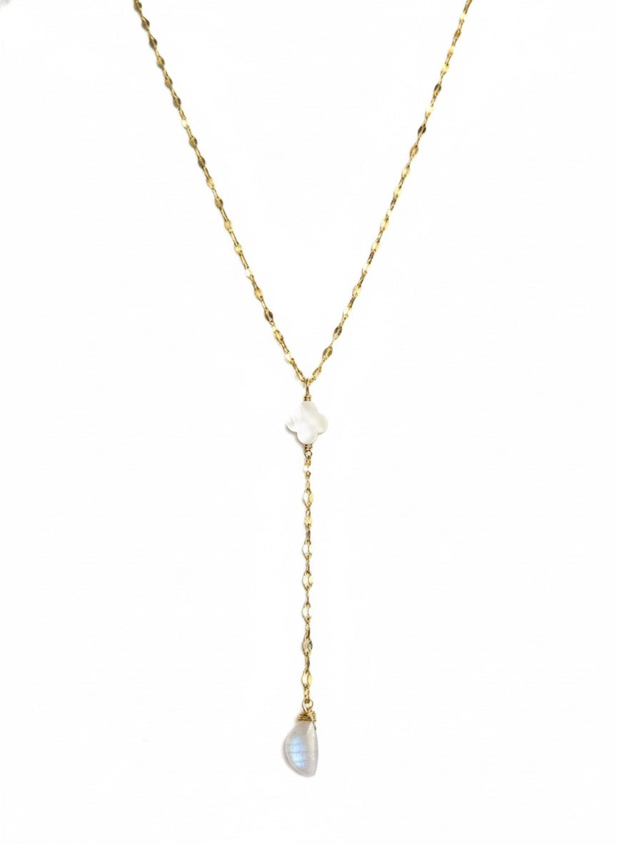 Sterling silver lariat necklace moonstone pearl - elegant drop necklace California handmade"