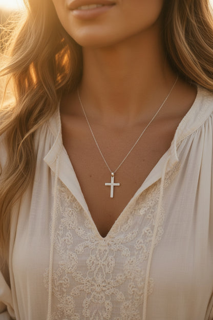 Sterling silver mother of pearl cross necklace - bridal and Christian jewelry