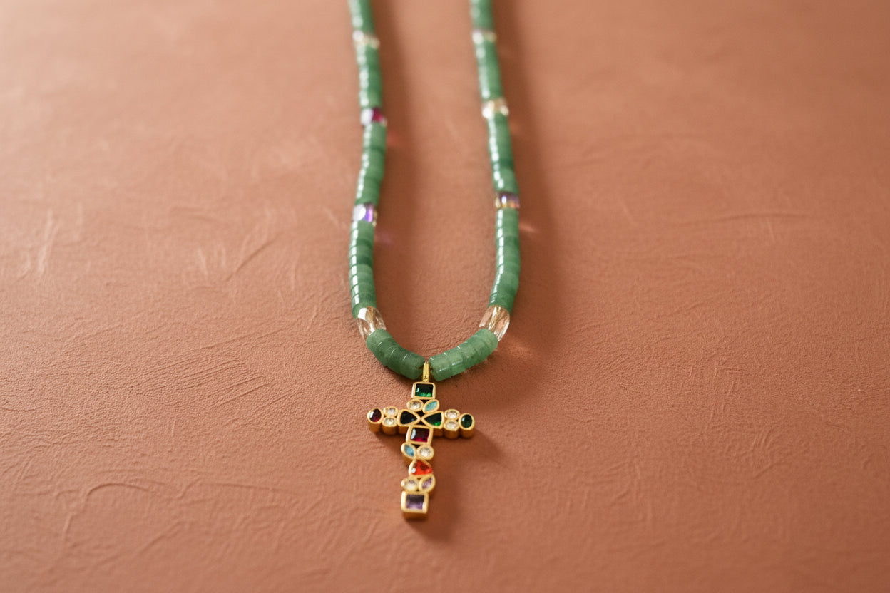 Stone cross necklace layered look