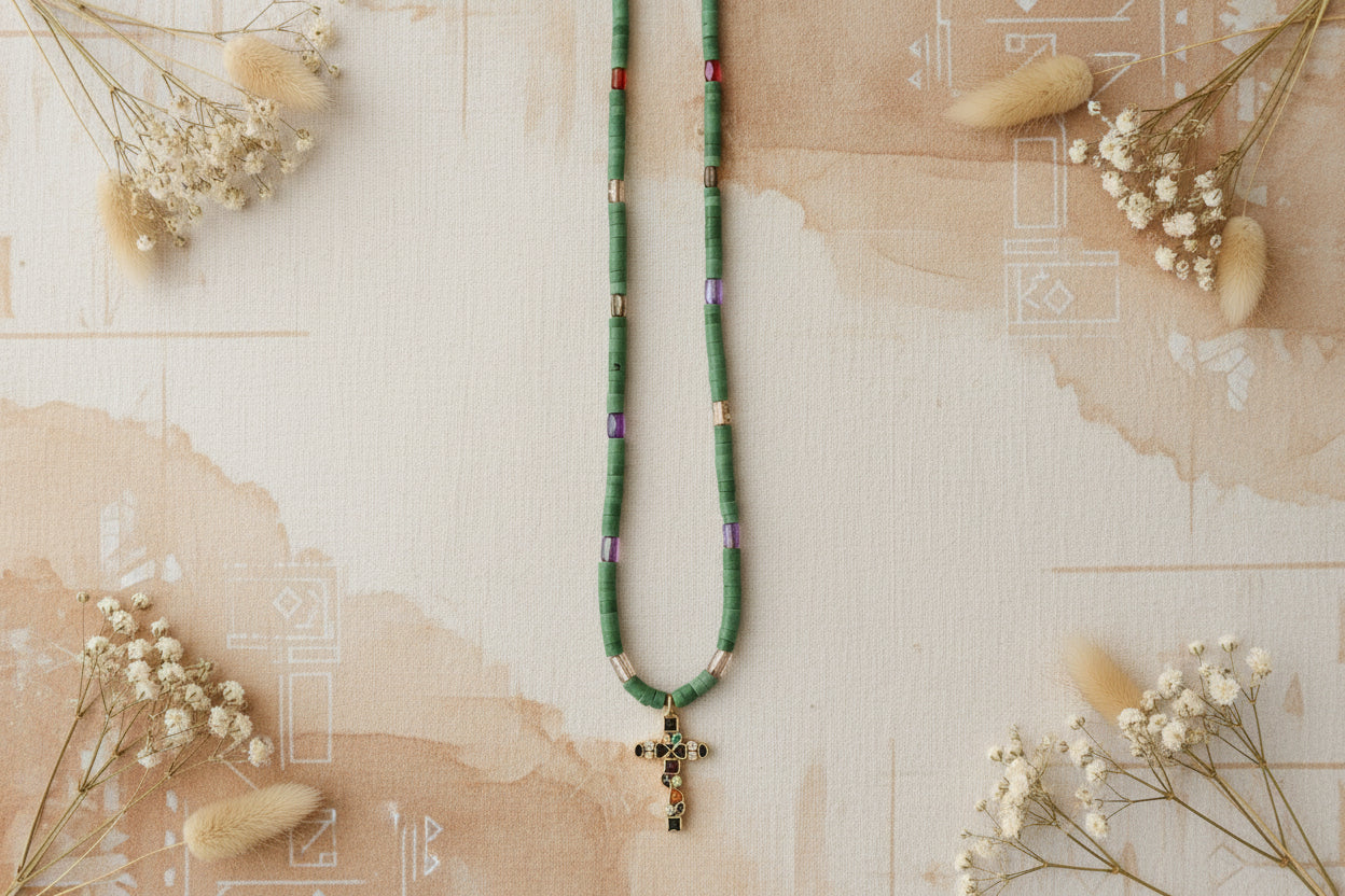 Stone cross necklace with natural beads
