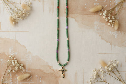 Stone cross necklace with natural beads
