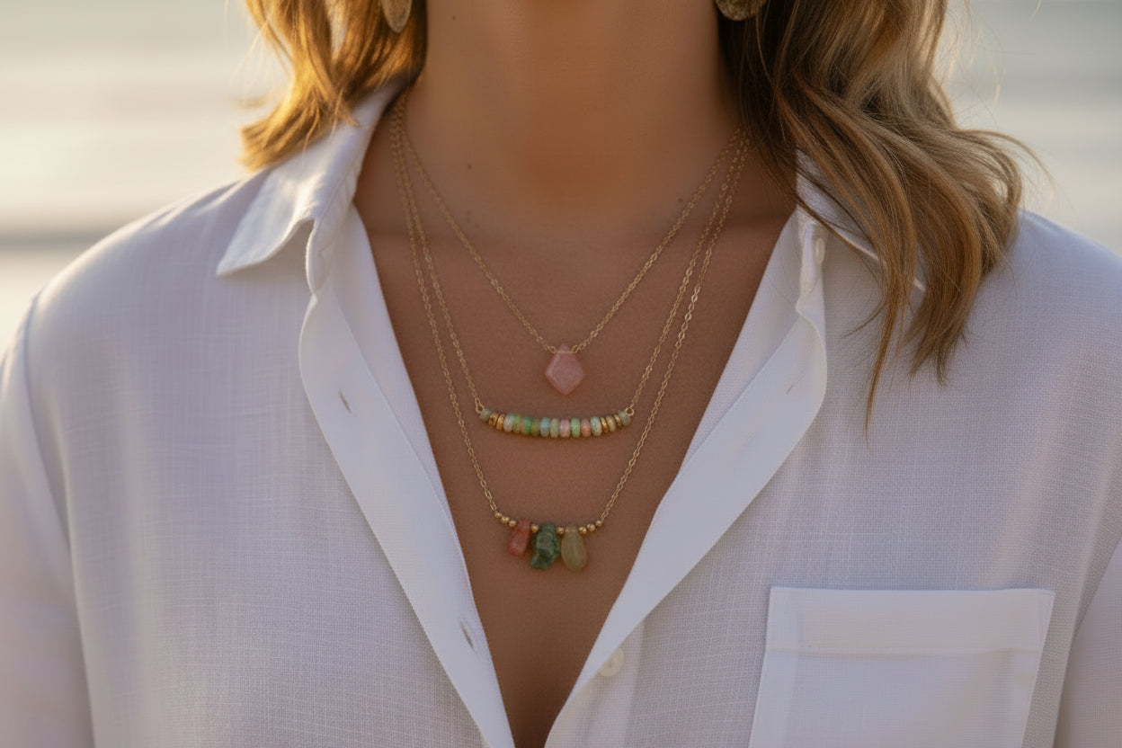 Sunstone gemstone layering necklace - delicate 14K gold filled beach jewelry