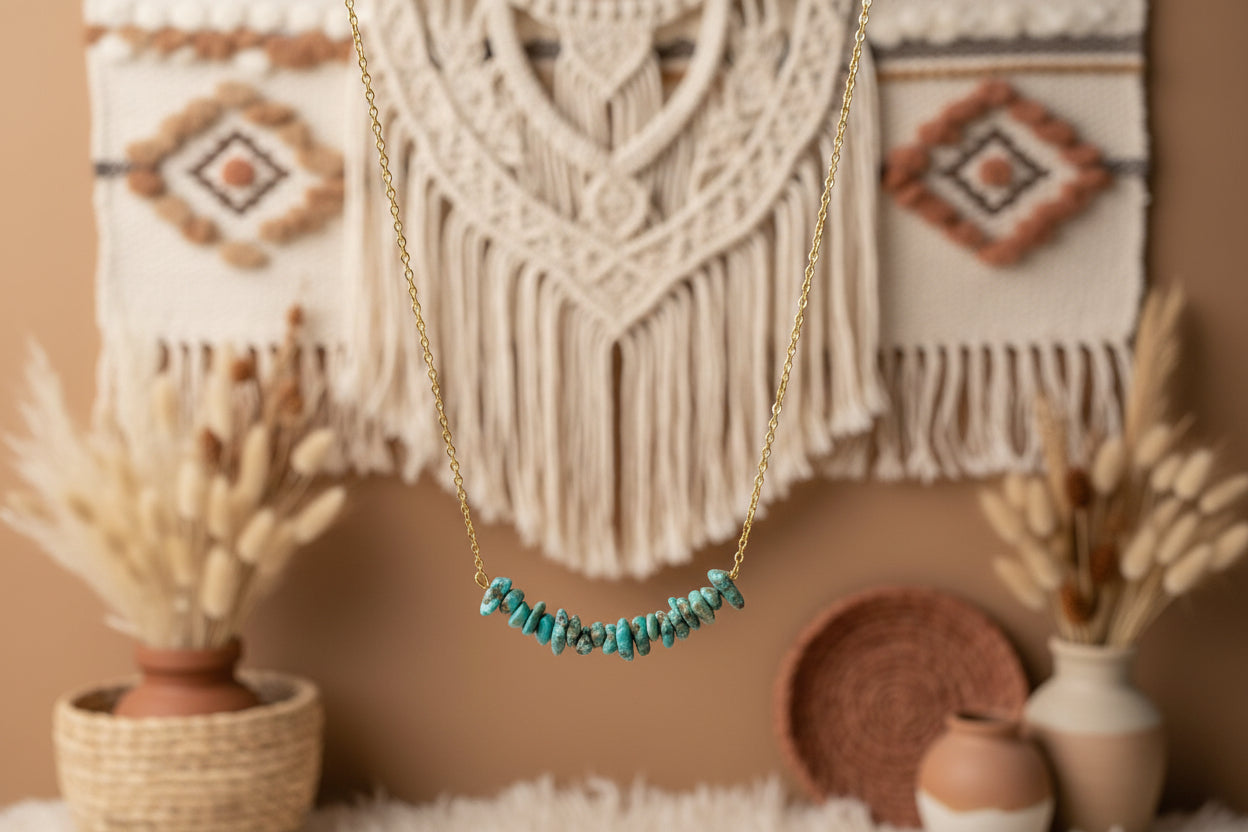 Turquoise beaded bar necklace showing natural stone matrix patterns - artisan made jewelry