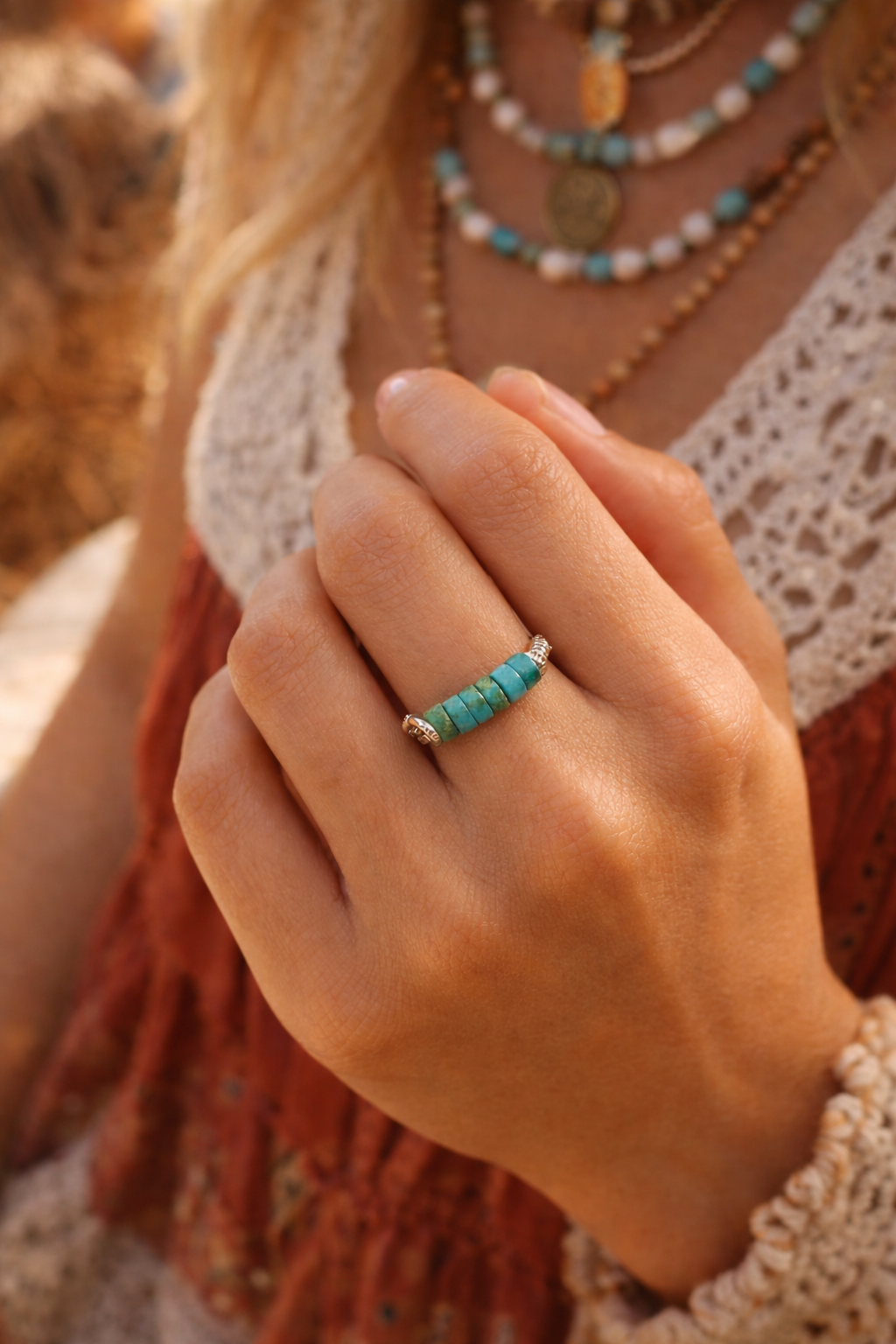 Turquoise stone ring gold silver finish handmade boho jewelry