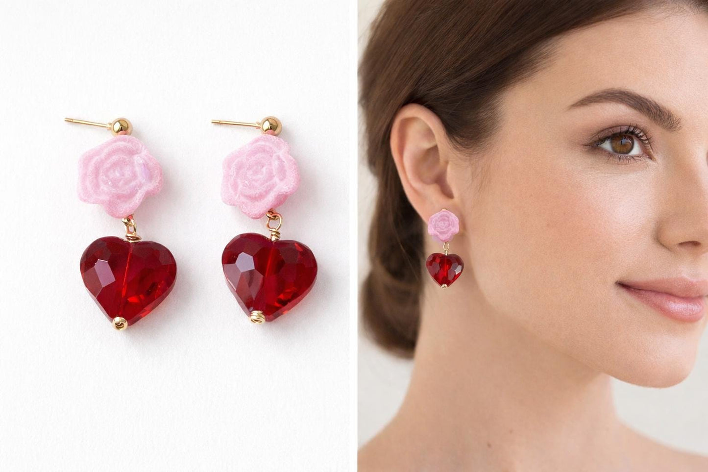 Valentine heart flower earrings dainty sparkly