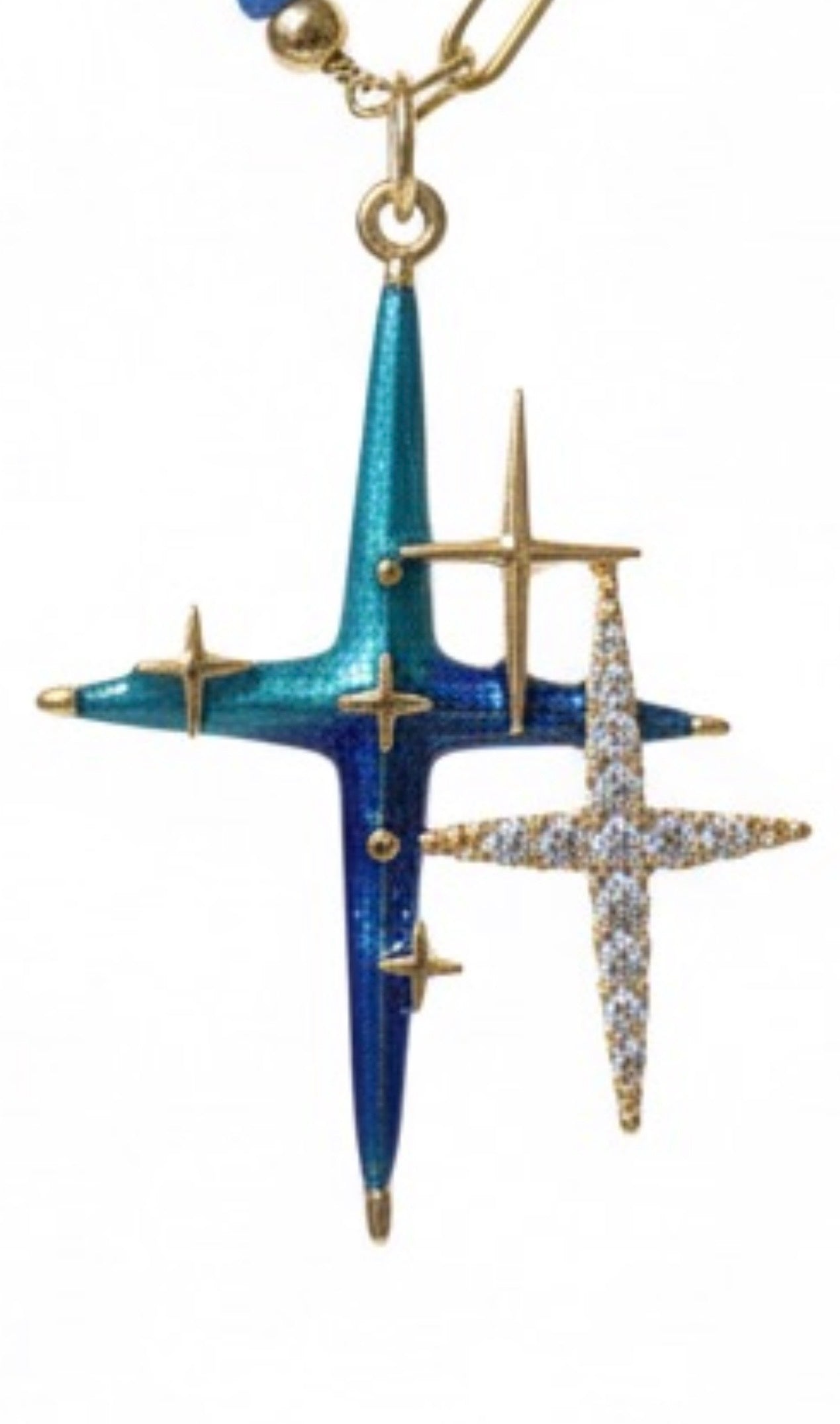 Vibrant blue gemstone cross with zirconia star necklace - waterproof stainless steel
