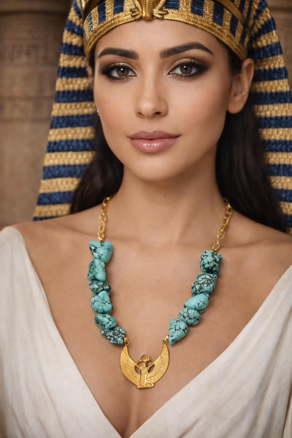 Vintage 1970s Egyptian Isis necklace - 18K gold plated winged goddess pendant turquoise beads statement jewelry