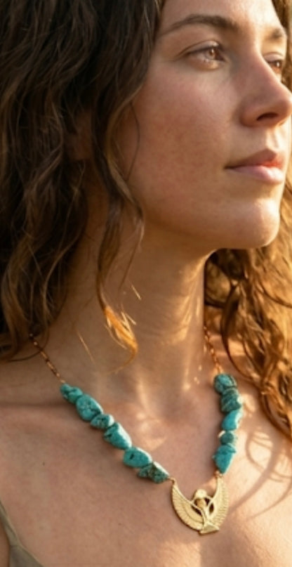 Vintage 1970s Egyptian necklace detail - Isis goddess 18K gold plated turquoise statement piece