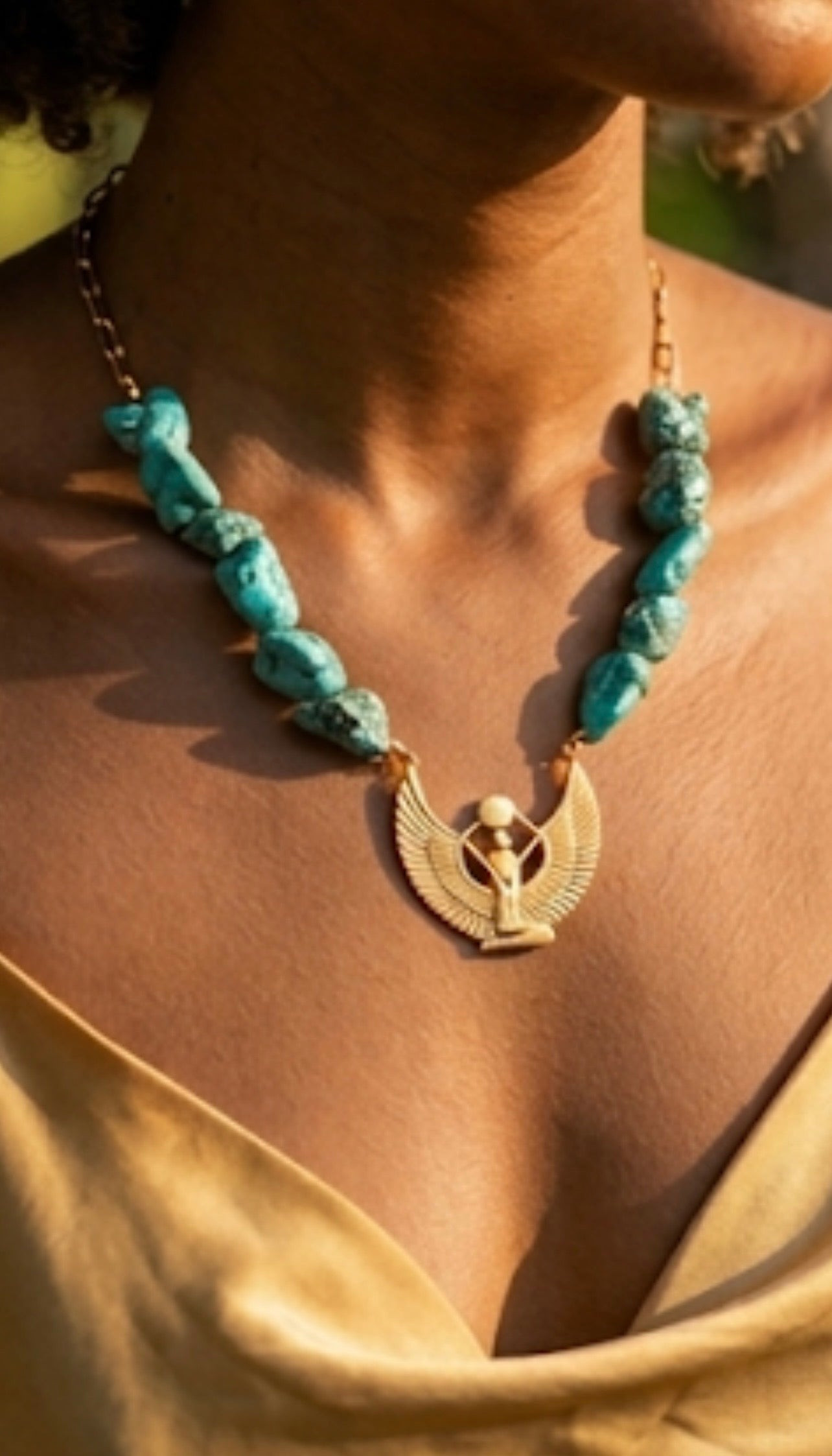 Vintage Egyptian Revival necklace - 1970s Isis goddess 18K gold plated turquoise collectible