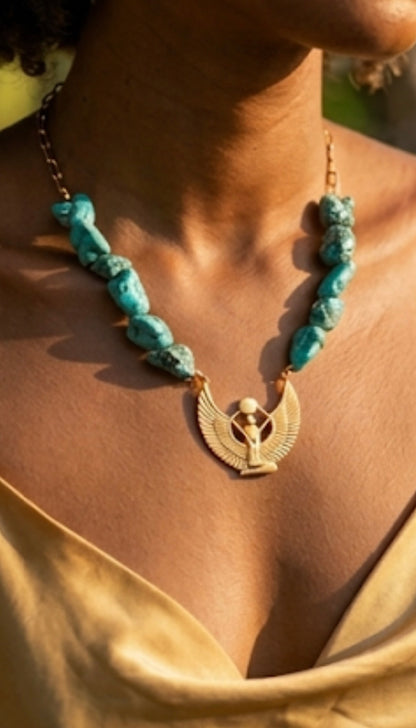 Vintage Egyptian Revival necklace - 1970s Isis goddess 18K gold plated turquoise collectible