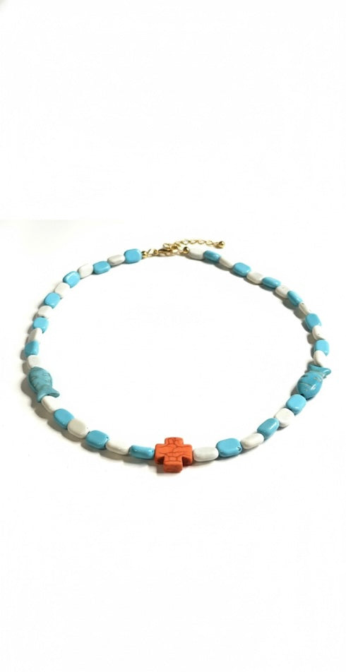 Waterproof fish beaded necklace close up - colorful beach necklace for pool and ocean