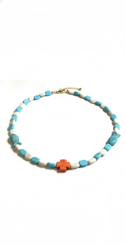 Waterproof fish beaded necklace close up - colorful beach necklace for pool and ocean