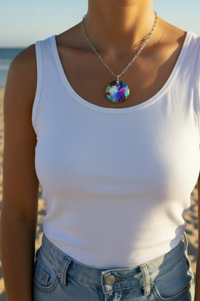 Waterproof rainbow crystal necklace 316L steel - perfect for layering