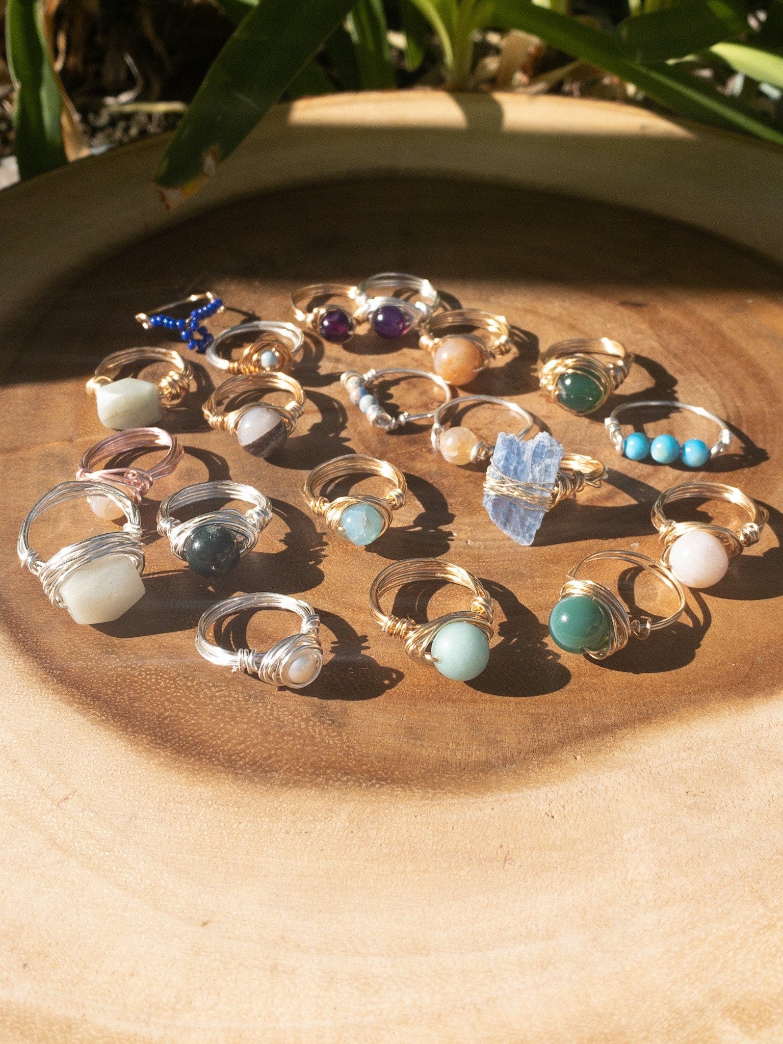 Wire wrapped Amazonite ring on hand - custom sized natural stone jewelry California handmade