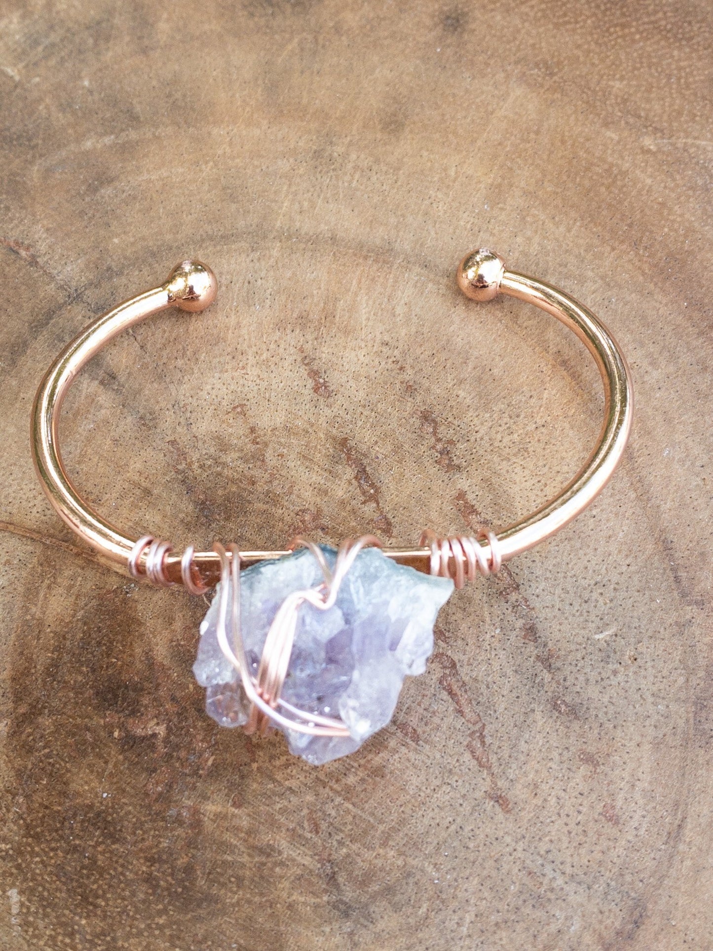 Wire wrapped amethyst cluster bracelet in rose gold finish - artisan gemstone cuff