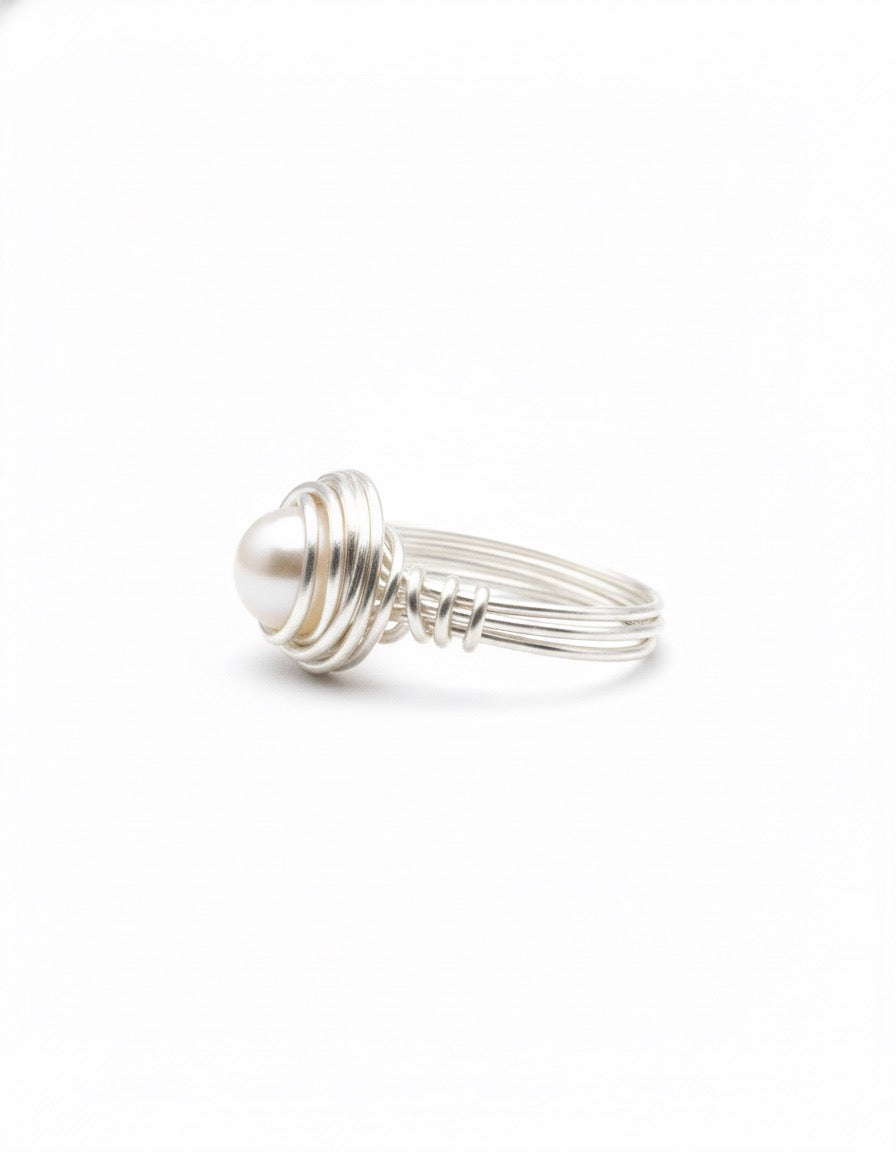 Wire wrapped pearl ring close up - tarnish resistant copper handmade