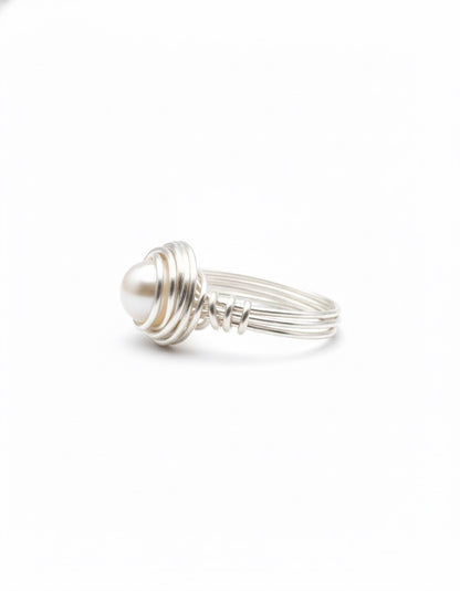 Wire wrapped pearl ring close up - tarnish resistant copper handmade
