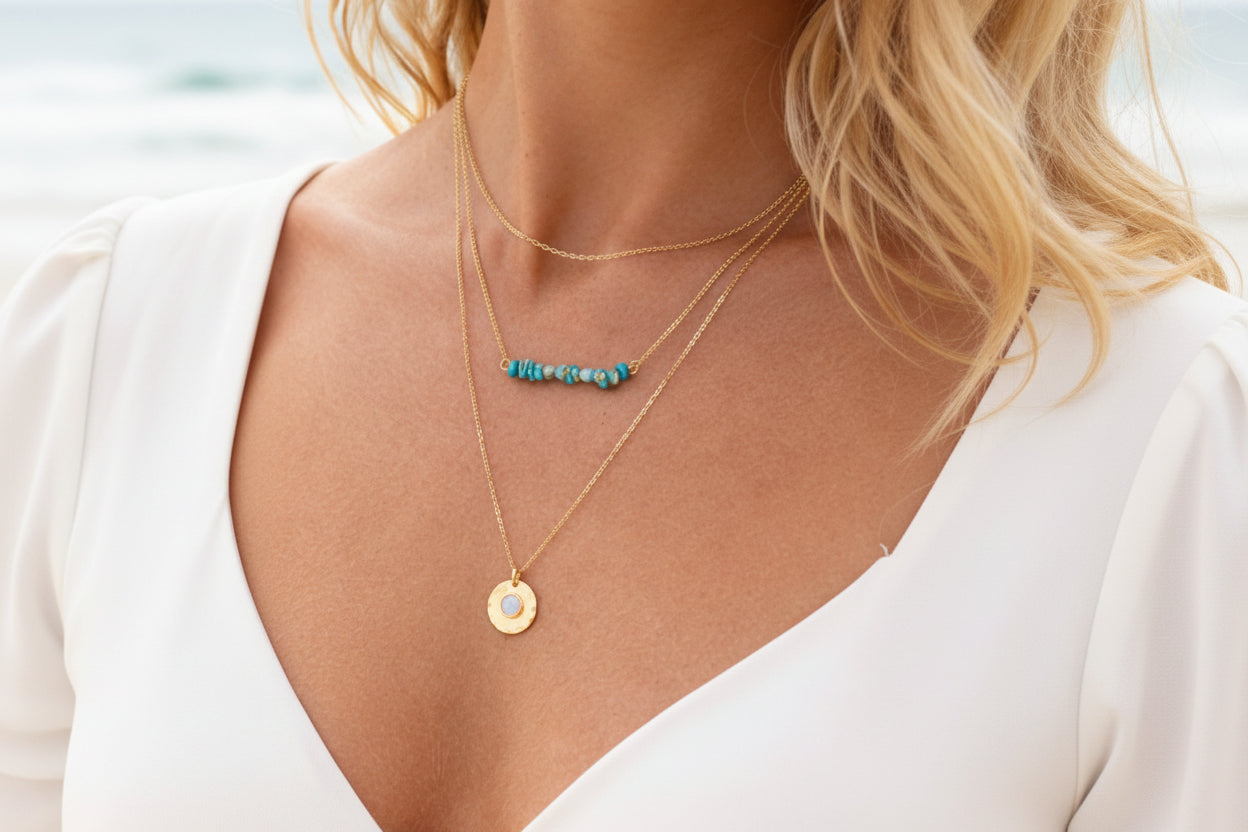 Woman wearing dainty turquoise bar necklace - natural stone boho jewelry perfect for layering