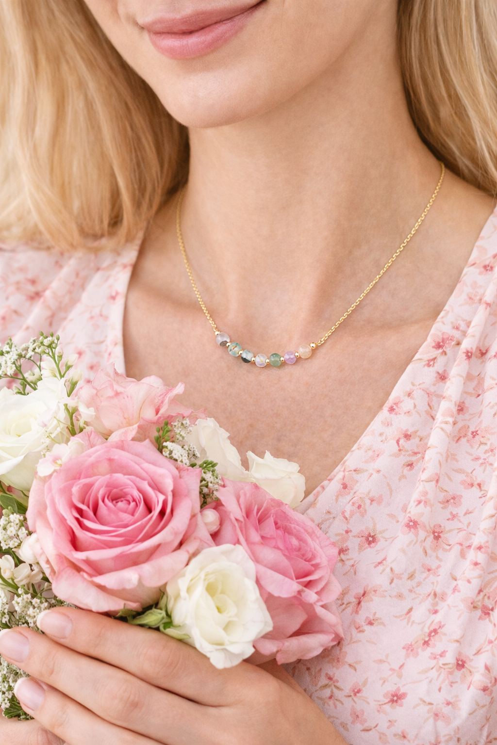 Woman wearing multi-color tourmaline necklace - handmade 14K gold filled jewelry