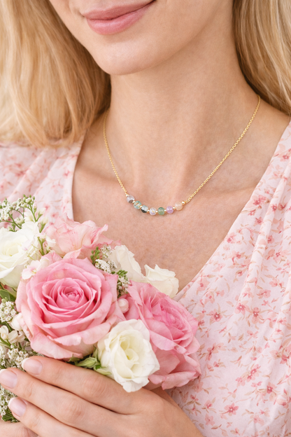 Woman wearing multi-color tourmaline necklace - handmade 14K gold filled jewelry