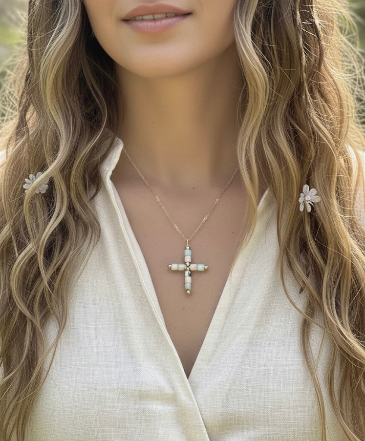 Woman wearing natural agate cross necklace - faith inspired jewelry
