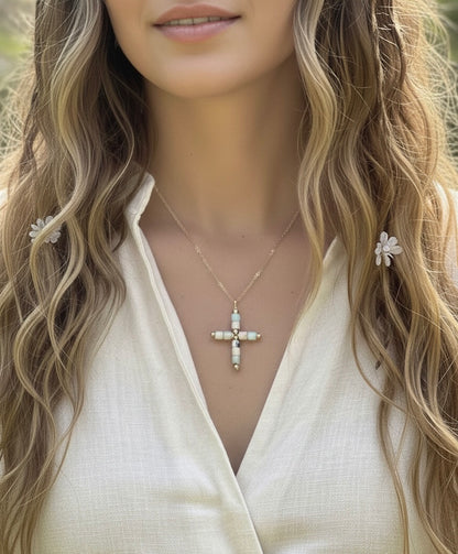 Woman wearing natural agate cross necklace - faith inspired jewelry
