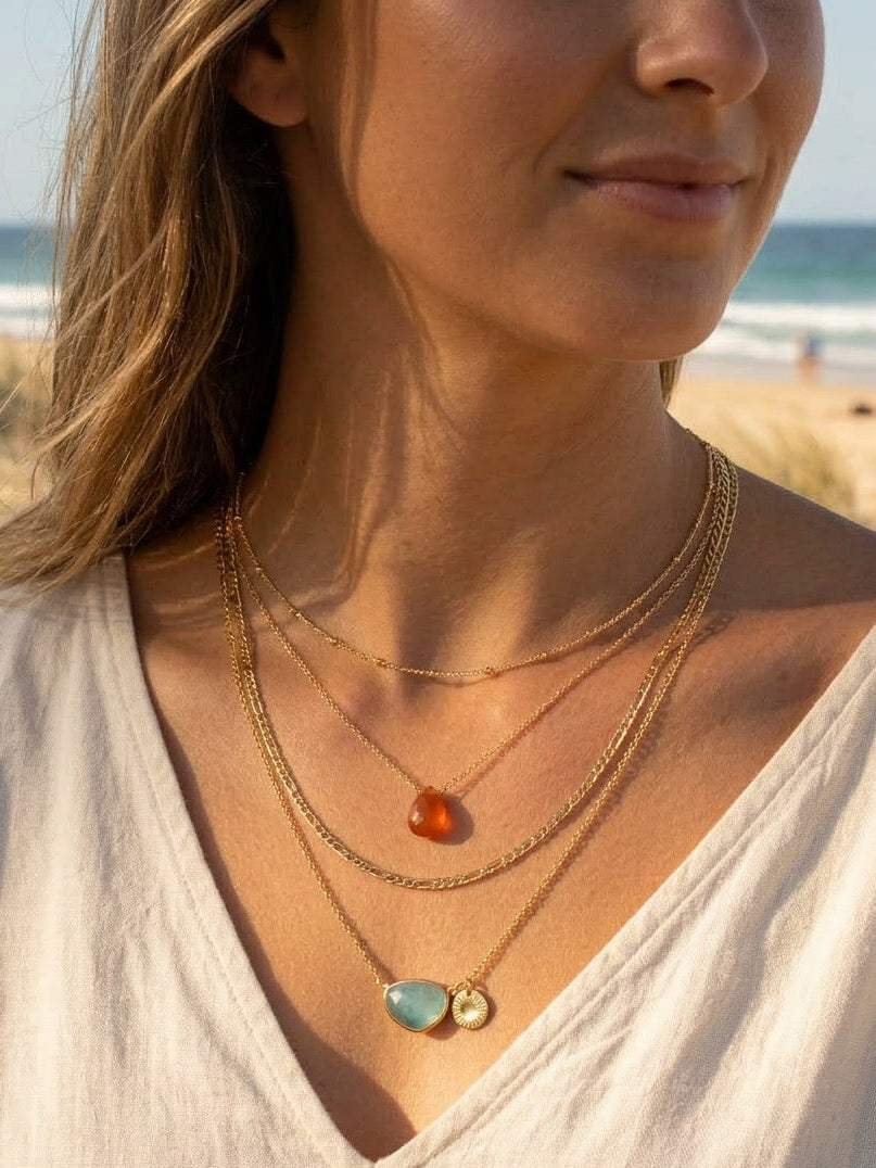 Yellow onyx necklace on model, delicate gold filled gemstone jewelry