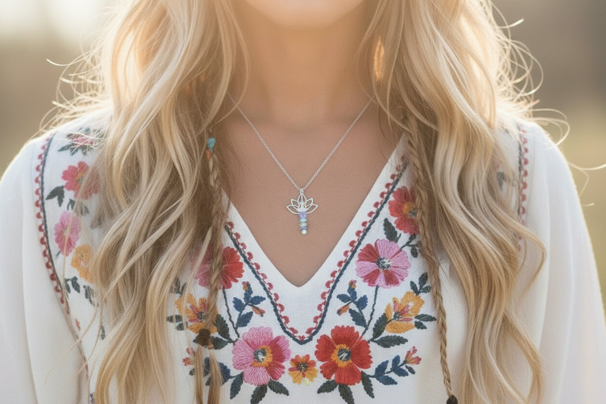Yoga meditation necklace lotus flower natural gemstones stainless steel - hypoallergenic spiritual jewelry