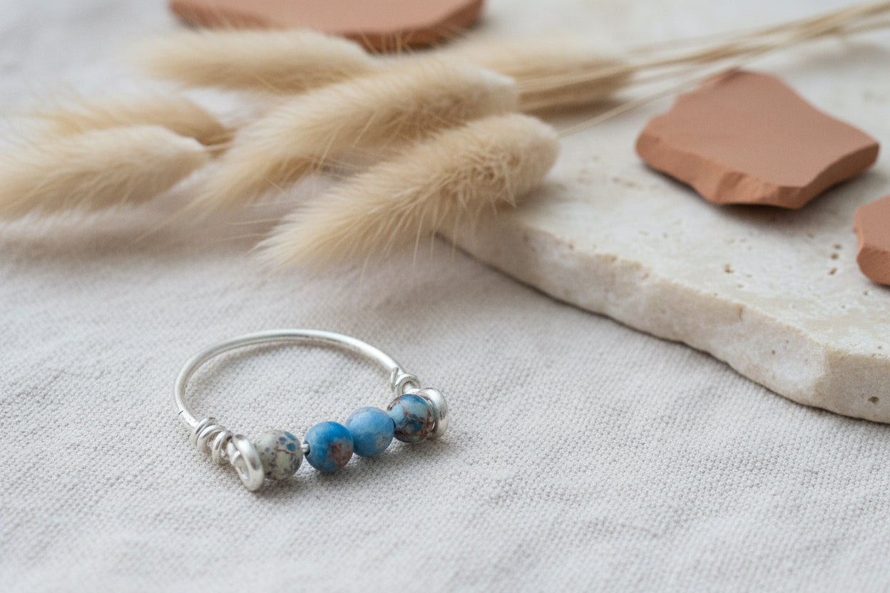 Luna Ring | Blauer Meeressediment-Jaspis | Drahtgewickelt | Gold, Silber oder Roségold | Hypoallergen | Vom Ozean inspiriert