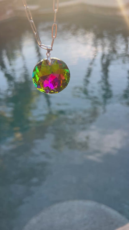 Iridescent rainbow crystal necklace on paperclip chain - surgical steel hypoallergenic