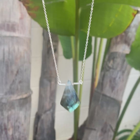 Natural labradorite pendant necklace - raw crystal point with rainbow iridescence