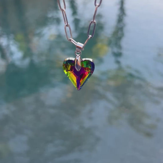 Rainbow crystal heart necklace stainless steel sparkly pendant - hypoallergenic jewelry