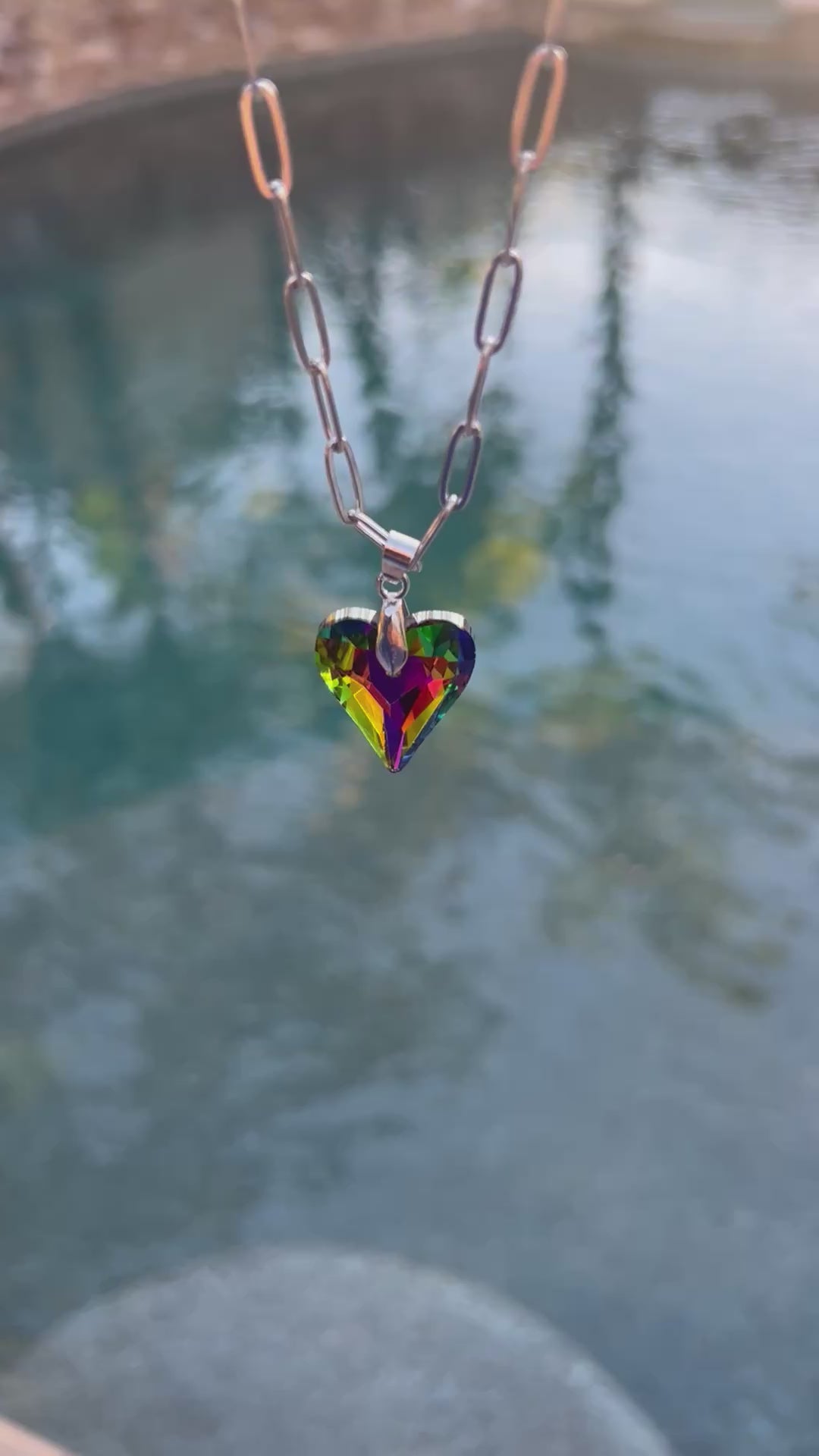 Rainbow crystal heart necklace stainless steel sparkly pendant - hypoallergenic jewelry