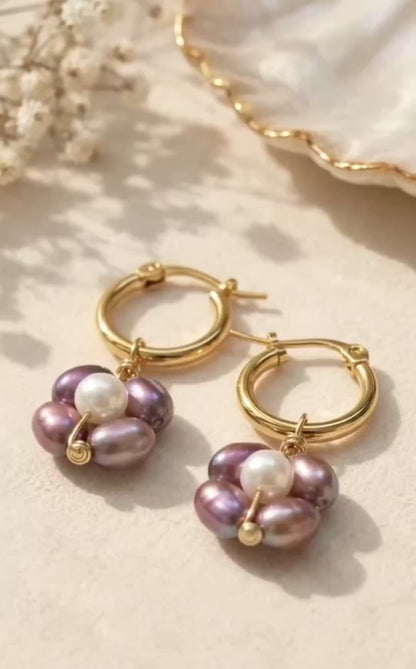 Freshwater Pearl Flower Hoop Earrings | Purple Pearl Gold Earrings | Handmade Jewelry