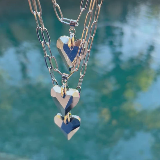 Sparkly rainbow crystal heart necklace stainless steel - hypoallergenic tarnish-resistant