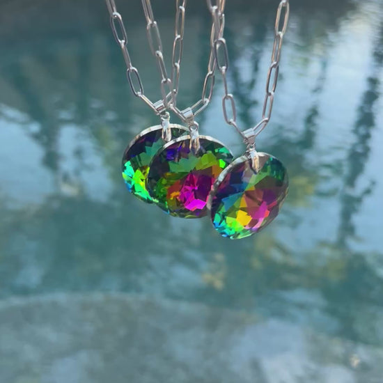 316L stainless steel paperclip chain necklace with rainbow crystals - tarnish-proof