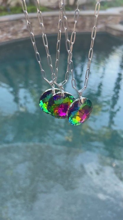 316L stainless steel paperclip chain necklace with rainbow crystals - tarnish-proof